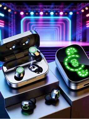 Wireless True Bluetooth Earbuds with LED Charging Case - Black/Green